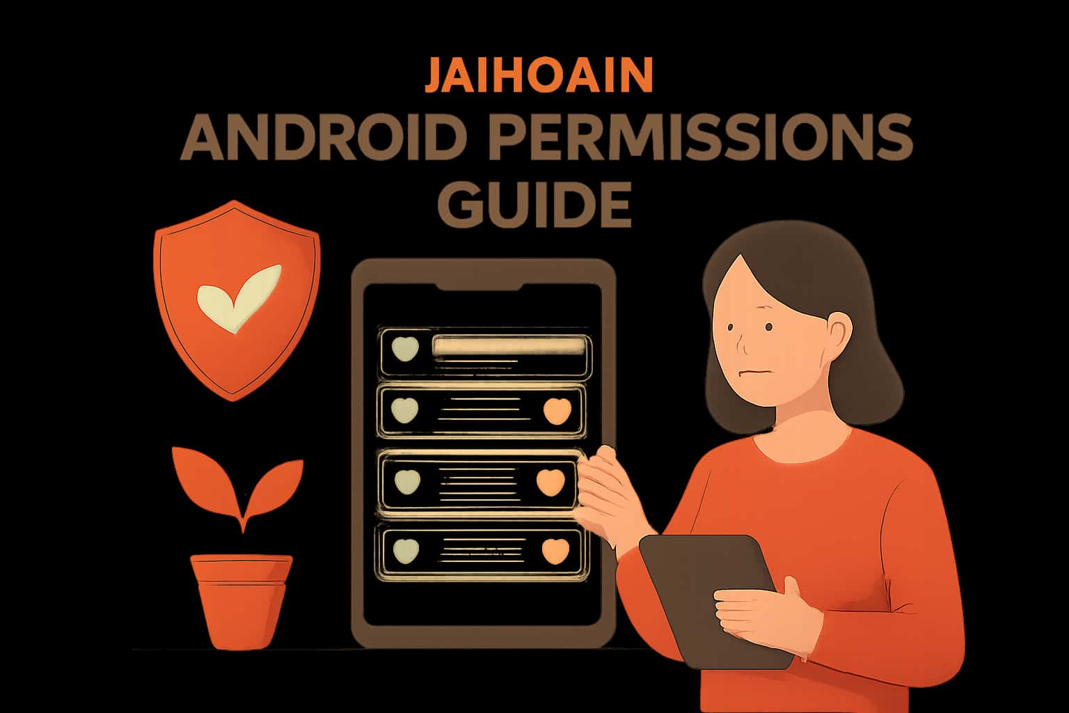 An educational graphic depicting the Jaihowin Android Permissions Guide.